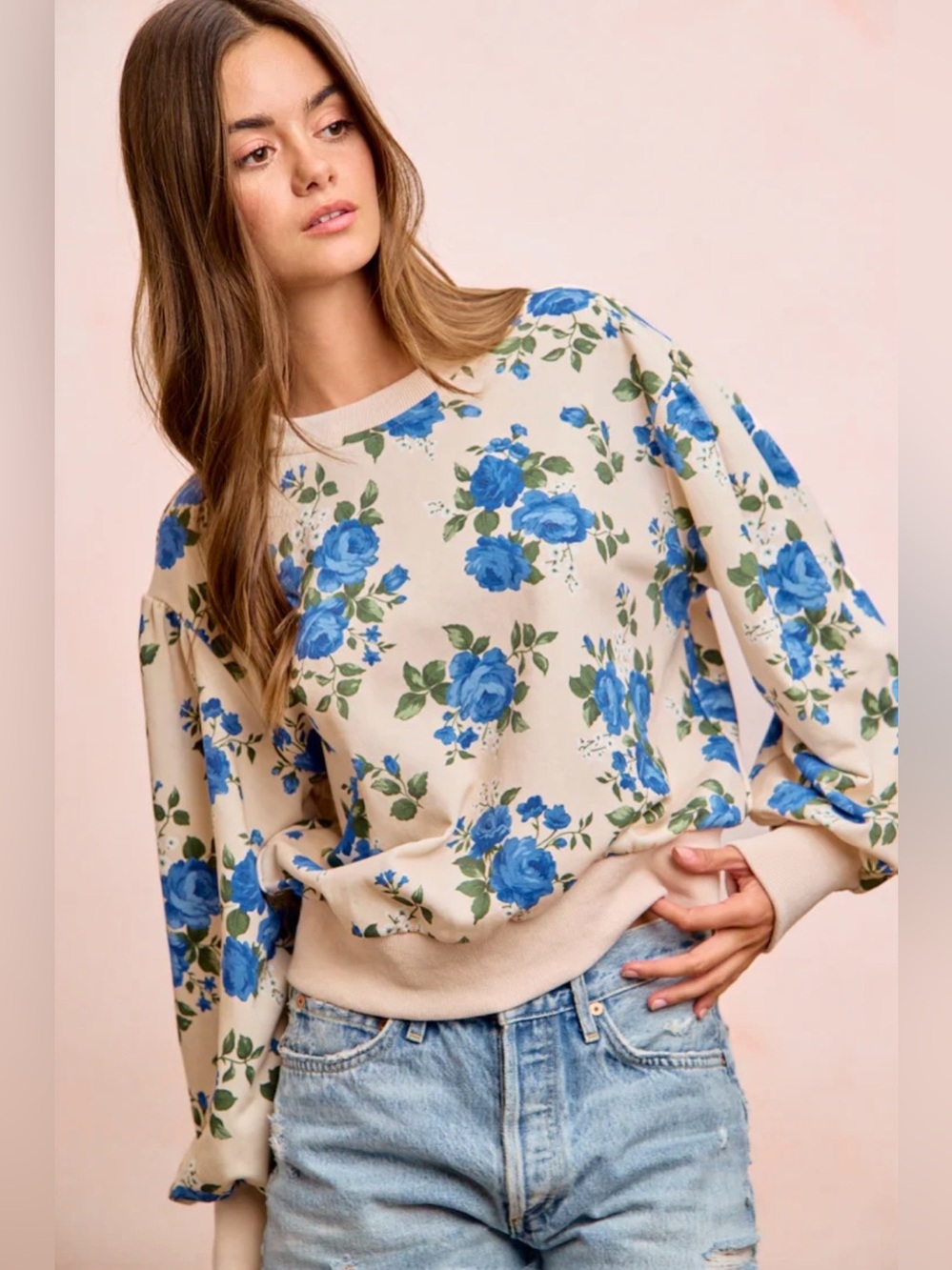 BiBi Blue Rose Floral Sweatshirt Pullover Cottagecore Botanical Romantic Boho